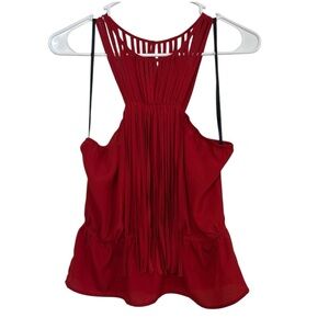 Y2K Bebe Red Strappy Cage Back Fringe Peplum Tank Top M/L